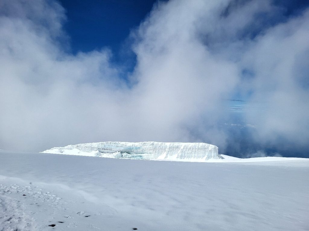 Flat topped glacier wall above the summit snowfield on Mount Kilimanjaro
