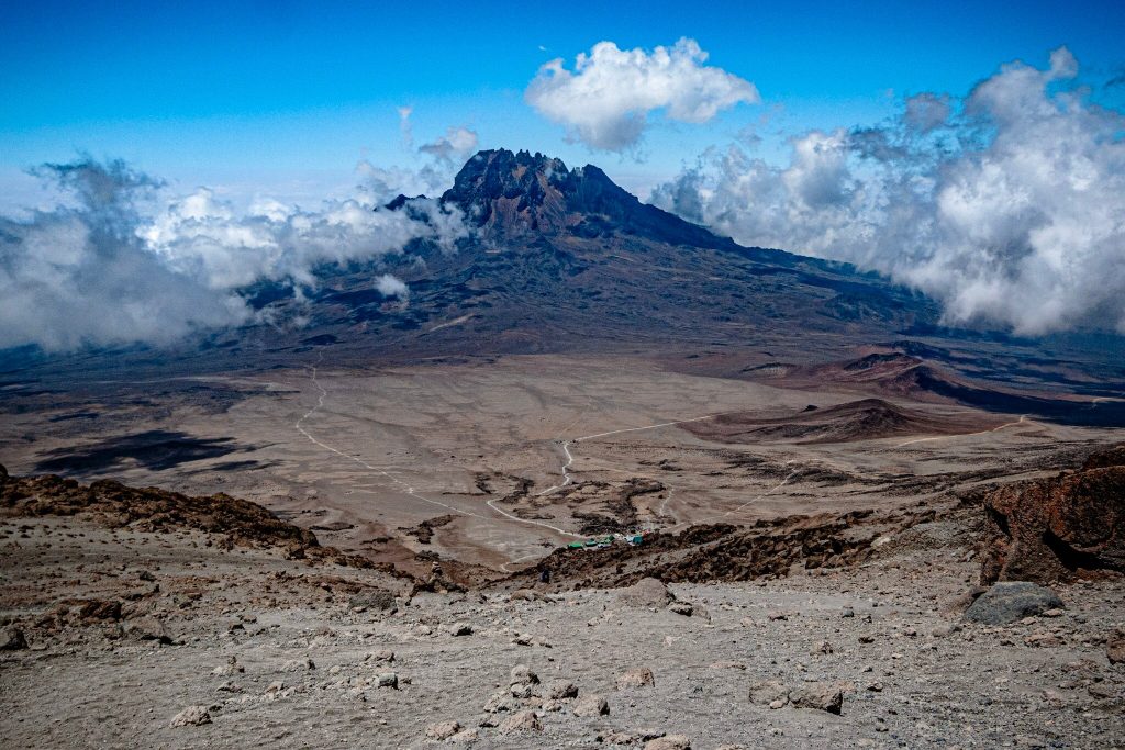 Jagged peak above the alpine desert saddle on Mount Kilimanjaro