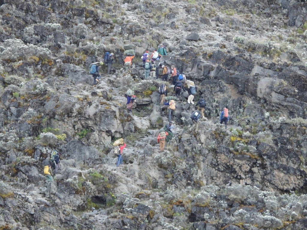 Porters and trekkers queueing up a rocky moorland wall on Mount Kilimanjaro