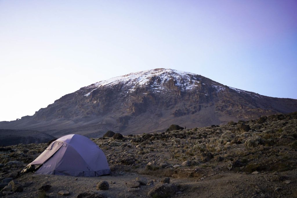 Single tent below the snow capped dome at dawn on Mount Kilimanjaro