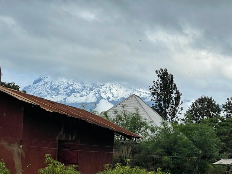Snowy peak behind village tin roofs on Mount Kilimanjaro
