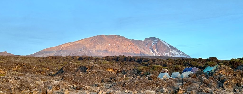 Tents pitched below a sunlit snow streaked summit dome on Mount Kilimanjaro