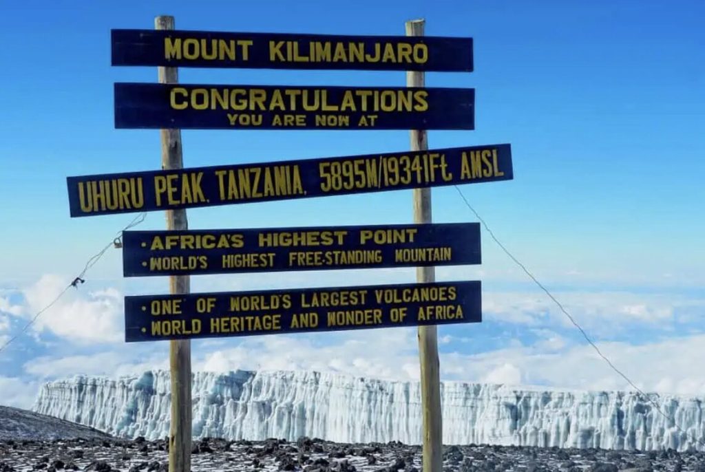 The Uhuru Peak signboard standing alone above a glacier wall at the summit of Kilimanjaro